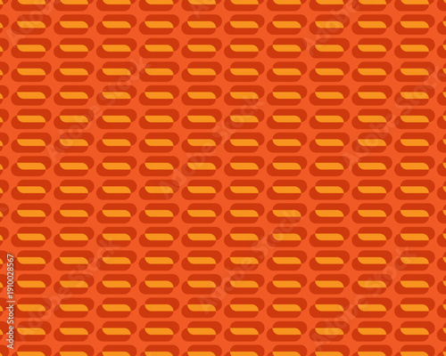 オレンジとイエローの立体的な楕円形が並ぶ幾何学模様の背景素材。シャドウ効果による奥行き感のあるシームレスなパターン。活気あるポップなデザイン、スポーツ用品の販促バナー、テック系の広告、壁紙やパッケージのバックグラウンドに最適な高品質ベクター。