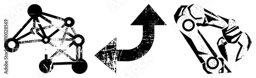 Geometric network nodes morphing into robotic arm, vector transformation, digital automation symbol, tech upgrade graphic, black and white stylized design.