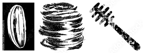 Black and white halftone vector honey dipper, pancake stack, sunflower seed. Classic food items rendered in gritty texture style.