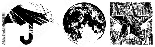 Weather protection umbrella with splatter texture, detailed moon surface, starburst emblem with scratchy all in vector art with distressed aesthetic.