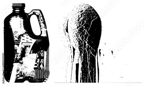 Stylized milk jug with textured halftone, milk splash graphic, isolated vector art, design, beverage container, dairy product, splash effect.