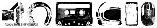 Grunge style including speaker, horseshoe, cassette, helmet, phone, mouse, textured, nostalgic tech symbols.