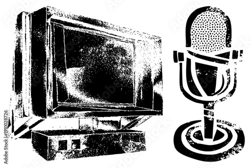 Retro set and vintage microphone rendered in halftone dot, vector graphic, broadcast equipment, analog, studio gear, black and white illustration.