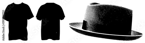 Black silhouette of front and back t shirts with fedora hat in halftone, vector graphic, fashion apparel, isolated cutout, design mockup elements.