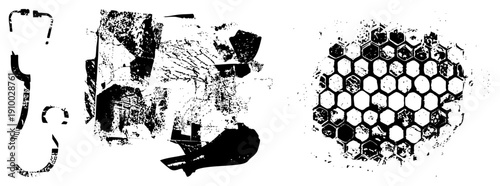 Distorted typographic fragments, broken glyph shapes, distressed texture, vector art, isolated design elements, halftone grit, stencil aesthetic.