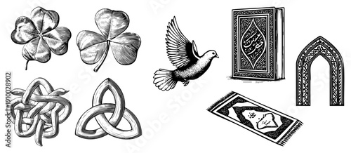 Hand drawn engraved four leaf clover, flying, Islamic Quran book, Gothic arch, Celtic knots, prayer rug. Antique art style, symbolic motifs.