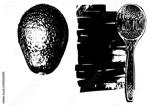 Avocado fruit with rough skin texture, wooden spoon with grain detail, halftone style, black and white vector graphic, kitchen utensil, food illustration.