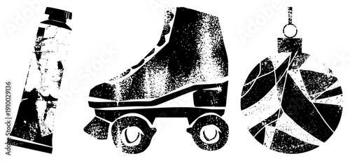 Retro roller skate silhouette, paint tube, festive ornament, halftone texture, graphic design elements, black and white vector art, isolated objects.