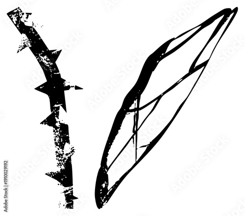 Distressed black barbed wire and arrowhead graphic, rugged design, vector illustration, isolated symbols, tribal weapon motifs, stark.