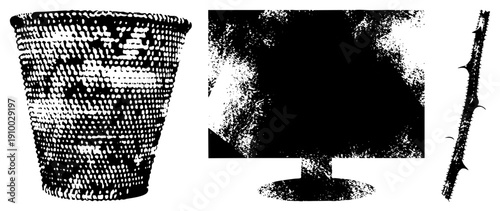 Textured woven basket, computer monitor with grainy halftone effect, branch silhouette all rendered in vector art with stippled shading and clean.