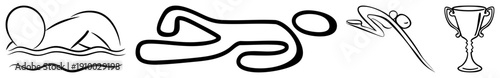 Four stylized swimmer in, backstroke, dive, and trophy, minimalist art, competitive aquatic sports symbols, vector design.