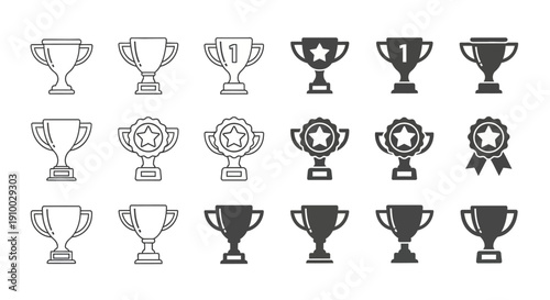 A diverse array of elegant trophy and award icons, meticulously designed to symbolize triumph, success, and outstanding achievement in various fields of competition and recognition