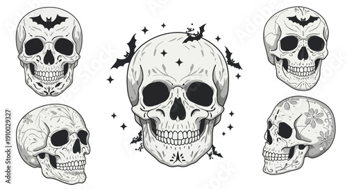 Collection of spooky skulls and bats, perfect for Halloween or gothic-themed designs, black and white illustration