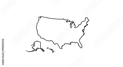 Outline map of the United States of America, including Alaska and Hawaii, for graphic design and informational purposes