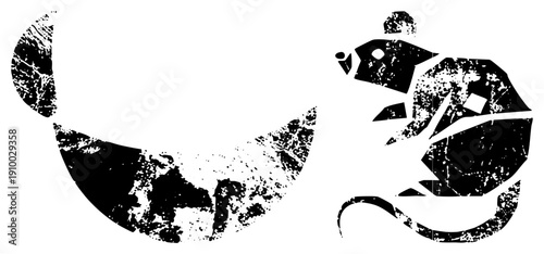 Graphic rat silhouette facing moon, gritty black and white vector art, urban graffiti style, isolated animal, night scene motif.