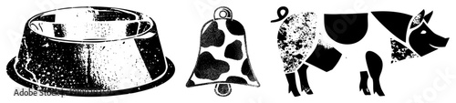 Black and white halftone illustrations of pet bowl, cowbell, and pig, stylized graphic, rustic farm animal symbols, vector art with speckled texture.