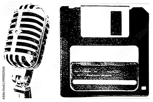 Classic microphone and floppy disk vector, retro tech symbols, digital nostalgia, vintage computing, analog equipment, pixelated style, graphic.