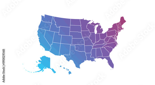 Map of the United States of America featuring a vibrant gradient color scheme, illustrating all 50 states and Alaska