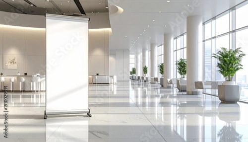 Blank Roll Up Banner Stand Mockup in Modern Corporate Lobby Interior