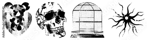 Stylized vector featuring a bear silhouette, skull with sunglasses, birdcage, and starburst shape, all in halftone style, isolated on transparent background.