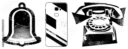 Classic communication symbols rendered in distressed vector art church bell, rotary phone, modern smartphone, textured, nostalgic tech.