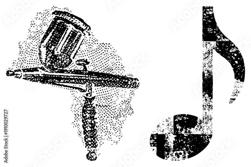 Retro halftone drum and musical note graphic, stylized percussion instrument, vintage music symbol, vector art, punk rock.