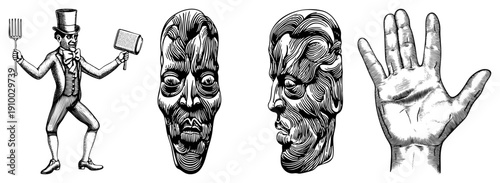 Four engraved style illustrations a butler with fork and mallet, grotesque faces, and an open palm, rendered in detailed hatching, classic engraving style, isolated vector elements.