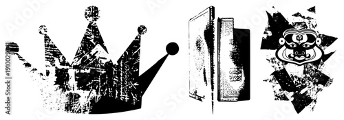 Distressed black and white crown, ornate book, tribal mask all rendered with gritty texture, vector art, isolated symbols, graphic design elements.