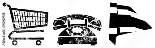 Retro shopping cart, rotary telephone, ship, distressed vector art, black and white graphic, vintage symbols, digital illustration.