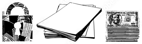 Stylized lock with geometric, stack of blank papers, and textured dollar bill, all in high contrast vector art, ideal for financial security themes.