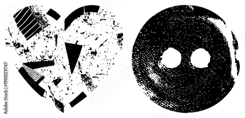 Fragmented heart symbol and masked face, distressed halftone style, graphic design elements, emotional, vector art, black and white, isolated shapes.