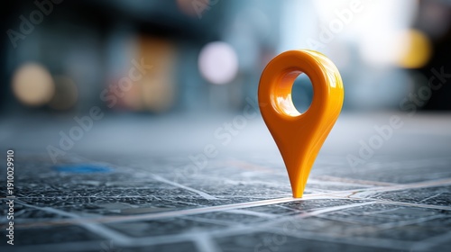 Large orange map pin highlights navigation in digital street grid for urban exploration and travel