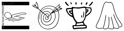 Swimmer, target, trophy, and volcano depicted as simple, representing success, goals, victory, and eruption. Vector symbols for sports, competition, and natural phenomena.