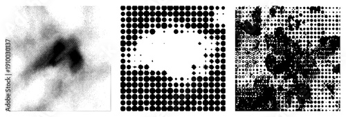 Vector halftone designs using dot gradients, geometric shapes, and stochastic, ideal for graphic design, print, or digital art. Alternately called stippling, dot matrix, or tone mapping.