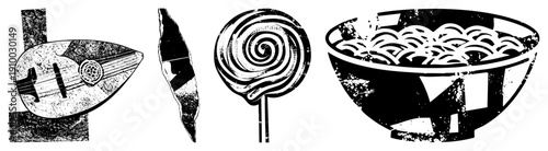 Four stylized oud style lute, ancient stone blade, spiral lollipop, noodle bowl all in distressed black and white vector art with halftone texture.