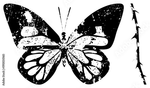 Black and white butterfly with textured, weathered wings, paired with a branch, vector art, distressed aesthetic, nature motif, graphic design element.