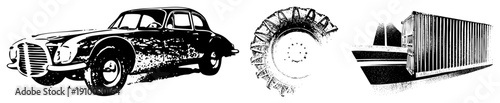 Classic car silhouette, rugged tire tread, cargo container, vector, industrial transport, retro automotive, logistics symbols.