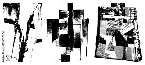 Fragmented abstract shapes with halftone textures, graphic design elements, vector art, composition, modern art style, digital illustration, stylized forms.