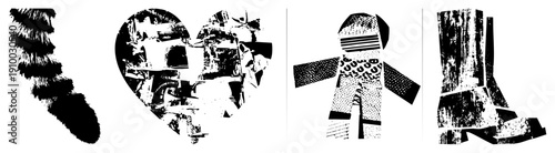Graphic composition of four distinct shapes raccoon tail, heart, humanoid figure, boot rendered in bold black and white with textured, vector art, isolated elements.