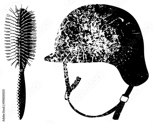 Retro hairbrush with bristles and military helmet with straps, stylized black and white vector art, distressed texture, graphic design elements.