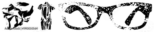 Abstract black and white vector crumpled textile, geometrically shirt, speckled eyeglasses minimalist halftone style, isolated foreground elements.