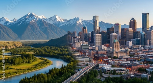 Cityscape panorama with mountains river and buildings natural environment