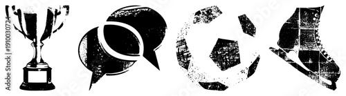 Trophy, speech bubble, soccer ball, ice skate with distressed texture, vector symbols for sports, communication, victory, athletic gear.
