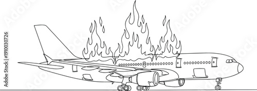Continuous line drawing of a commercial airplane on fire for aviation safety training and emergency response guides