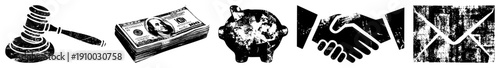 vector representing law, money, piggy bank, handshake, and envelope ideal for finance, legal, or business apps. Grunge texture, flat design, symbolic communication.