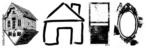 Minimalist home symbol, detailed cottage, abstract dwelling, ornate mirror frame, halftone textures, graphic, architectural.