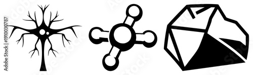 Black depicting neuron, molecule, and gemstone scientific, biological, and geometric symbols in minimalist vector style.