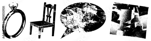 Retro engagement ring, rustic wooden chair, distressed speech bubble, fragmented geometric shapes, vector art, isolated elements, design assets.