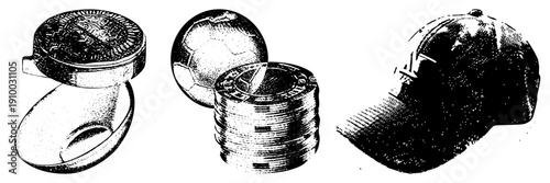 Classic halftone vector art of stacked coins, soccer ball, and baseball cap, retro graphic style, isolated objects, design, nostalgic sports and finance.