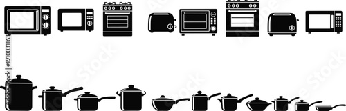 Large collection of kitchen appliances and cookware silhouettes featuring microwave ovens, toasters, gas stoves, pots, and pans isolated on a clean white background for design.